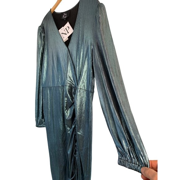 Nina Parker Metallic Ice Blue Long-Sleeve Ruched Midi Dress 2X 8954 Plus - Picture 3 of 8